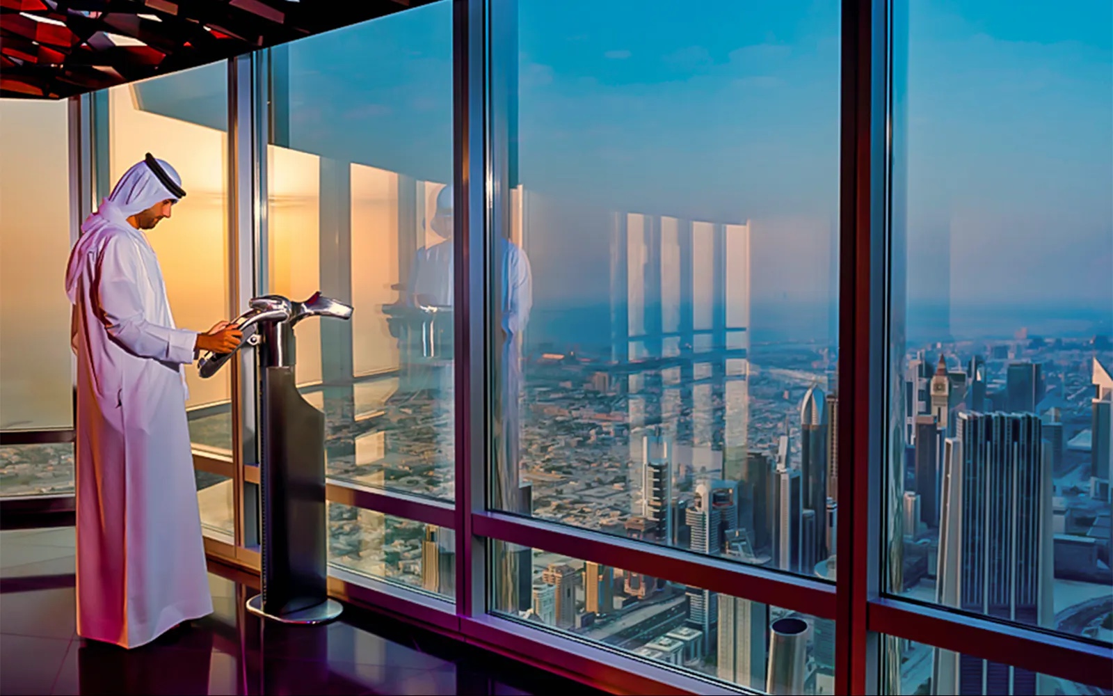 Un homme habillé traditionnellement qui regarde du haut de la tour Burj Khalifa à Dubai à l’aide d’une jumelle fixe. On voit la ville tout en bas.