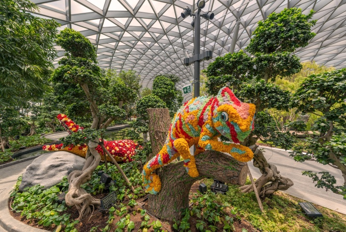 Topiary walk animaux de fleurs colorées à l’Aéroport Changi de Singapour