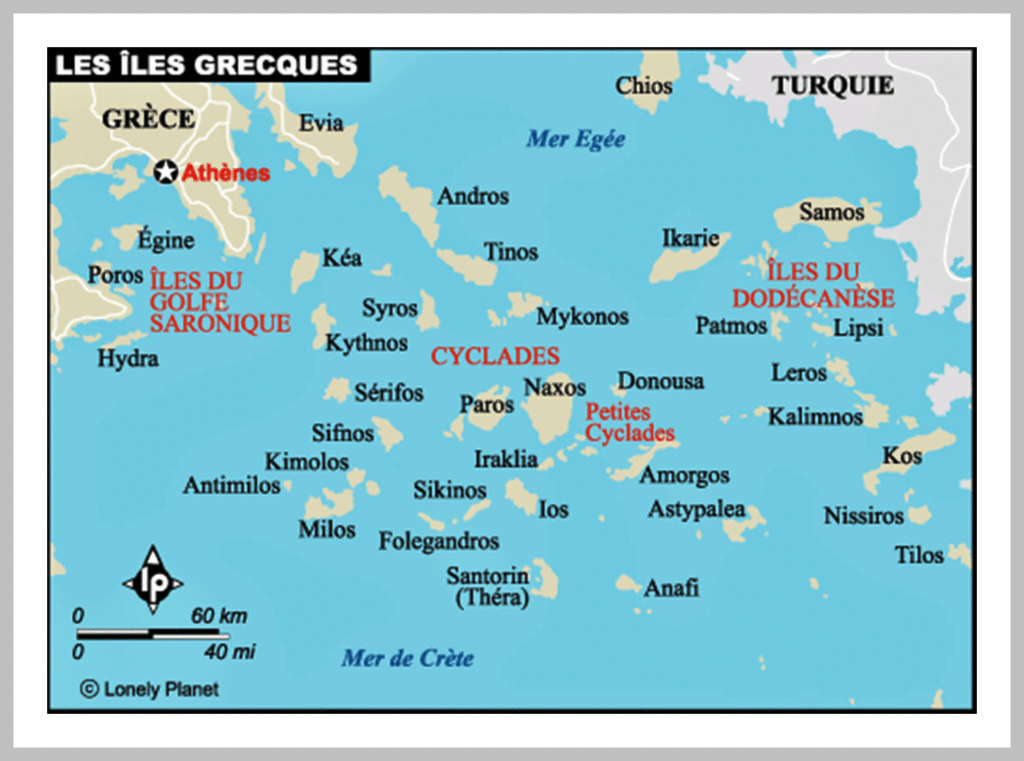 Schéma des îles des Cyclades en Grèce pour planifier un road trip